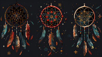 Dreamcatcher with colorful feathers on black background,  Luxury ornate Dreamcatcher with feathers and gemstones isolated on a black background, dreamcatcher tapestries, woven with threads - obrazy, fototapety, plakaty
