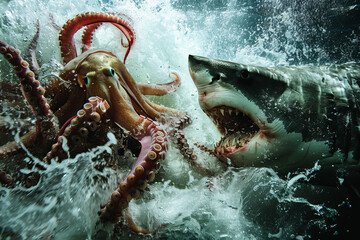 Octopus and Shark Encounter in Turbulent Waters.