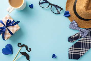 A thoughtful Father's Day gift setup with a bow tie, hat, coffee, and glasses, perfect for...