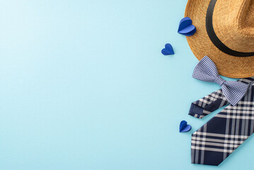 Perfect for Father's Day, this image features a stylish straw hat, a checkered tie, and blue hearts...