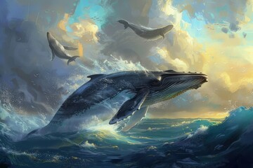 a painting of a whale jumping out of the water - obrazy, fototapety, plakaty