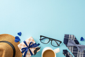 A father's day themed composition featuring a stylish hat, modern glasses, a coffee cup, and elegantly wrapped gift on a blue background - obrazy, fototapety, plakaty