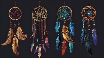 Dreamcatcher with colorful feathers on black background,  Luxury ornate Dreamcatcher with feathers and gemstones isolated on a black background, dreamcatcher tapestries, woven with threads - obrazy, fototapety, plakaty