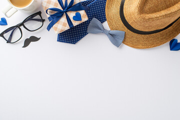 Dad's Day Delight: Top view shot showcasing a straw hat, sleek necktie, bow tie, gift box, glasses,...