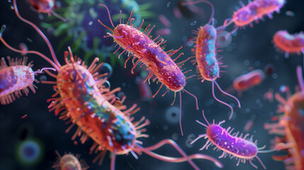 Escherichia coli . Microscopic view of glowing bacteria cells