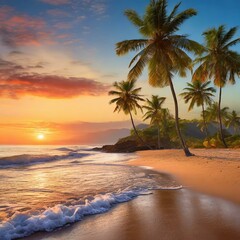 Fototapeta premium a serene sunset scene on a sandy beach, complete with gently swaying palm trees and the sound of waves crashing in the distance