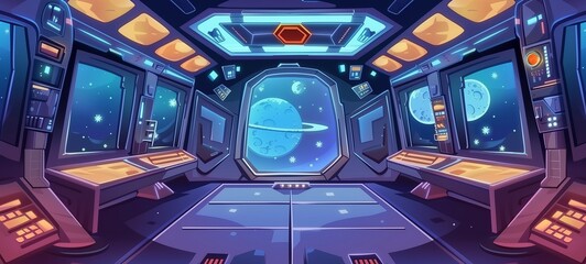 Spaceship cockpit with cosmic view. A colorful cartoon illustration of a spaceship's control room, with a large viewing window revealing a vibrant blue planet and starry space.