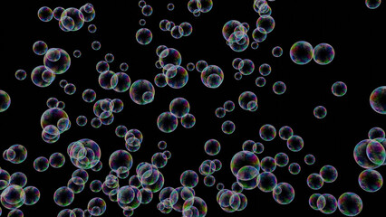 Realistic Beautiful Soap bubbles on infinity background with rainbow reflection, dark background, Isolated set of translucent bubbles, 4k blender, render art.