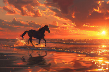 Obraz na płótnie Canvas A horse ridding on the beach having an elegant view with sun set