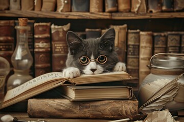 The mischievous gray and white tuxedo cat peeking out from behind a stack of comically oversized books, with askew round spectacles, set against a vintage, sepia-toned background.