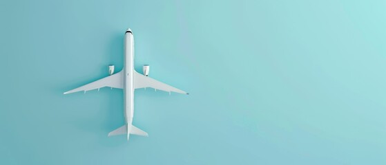 An airplane on a pastel blue background, with the concept of travel. A 3D rendering of the scene