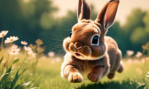 wallpaper or illustration, for children, representing a pretty little rabbit running in the meadow
