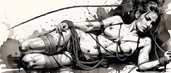 Woman tied with ropes in bondage. The art of shibari bondage bdsm.