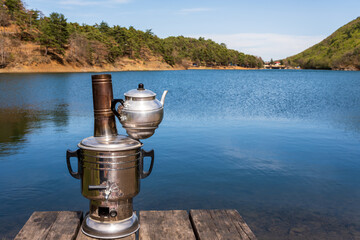 turkish samovar and teapot by the lake