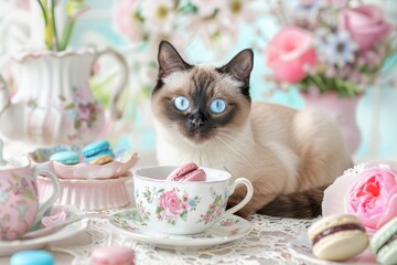 A Siamese cat with bright blue eyes, perched on a whimsically decorated teacup and saucer amidst an assortment of miniature desserts and pastel-colored macarons.