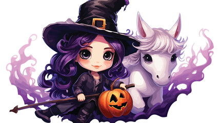 Cute baby witch girl in black hat and purple costume