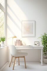Bright, airy office room with modern furnishings and a pristine white frame, providing a serene environment for work.