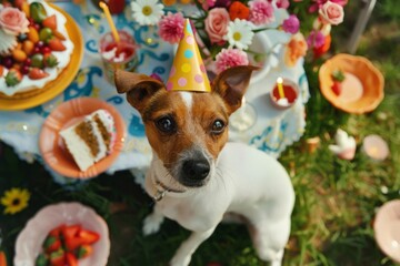 A mischievous Jack Russell terrier caught stealing a slice of birthday cake at a celebration, set in a beautifully decorated garden environment.