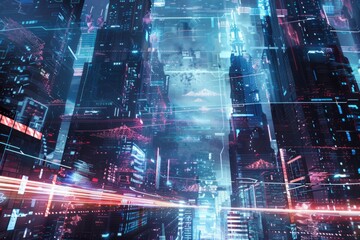 An abstract cyber city with glitching skyscrapers, digital billboards, and pulsating energy fields, Generative AI