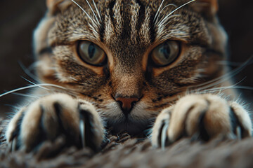 Tabby Cat Poised in a Focused Hunting Stance. - obrazy, fototapety, plakaty