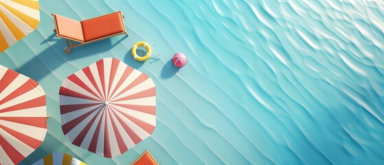 A top view of a beach umbrella, chairs, and beach accessories on a blue background. A summer vacation concept.