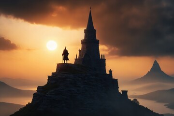 AI generated illustration of a magician next to his tower looking into the sunset - obrazy, fototapety, plakaty