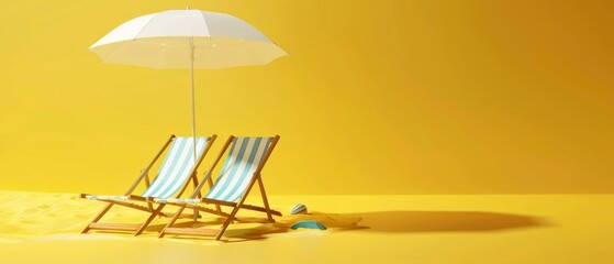 Summer vacation concept in 3D. Beach umbrella and lounge chairs on yellow background.