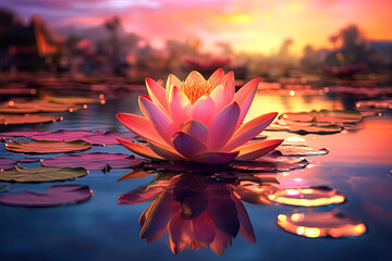 A beautiful pink flower is floating on the surface of a pond.