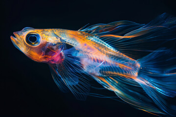 A mesmerizing group of translucent fish gliding through the water, their delicate fins flowing like silk in an underwater ballet.