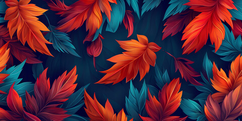 Orange and Blue Leaf fall leaves seamless dark background. Autumn concept