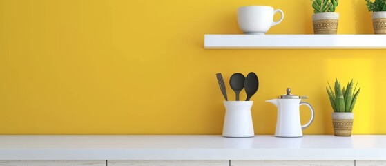 Various kitchen utensils on a white table with a yellow wall. 3D rendering.