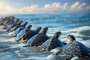 a row of turtles sitting on top of the ocean - Powered by Adobe