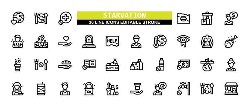 36 Starvation Line Icons Set Pack Editable Stroke Vector Illustration.