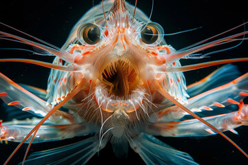 Translucent Mysid Shrimp Magnified Underwater.