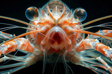 Translucent Mysid Shrimp Magnified Underwater.