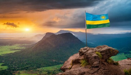 The Flag of Rwanda On The Mountain.