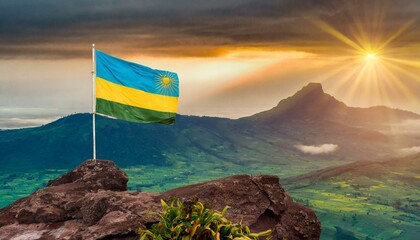 The Flag of Rwanda On The Mountain.