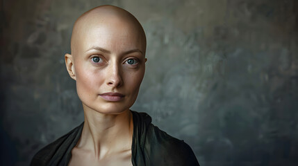 Portrait of caucasian bald woman, alopecia and cancer awareness, copy space - obrazy, fototapety, plakaty