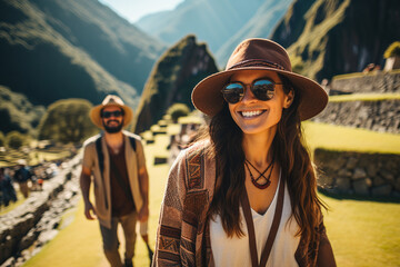 A cheerful and elegant tourist couple enjoy a sunny day while strolling through the ancient Inca ruins of Machu Picchu.