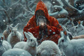 A scene depicting a shaman surrounded by snow hares, each hare touched by the shaman glowing with a - obrazy, fototapety, plakaty