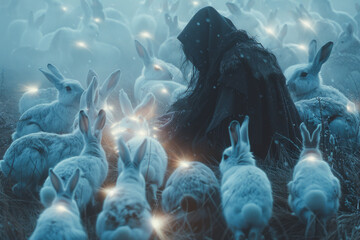 A scene depicting a shaman surrounded by snow hares, each hare touched by the shaman glowing with a