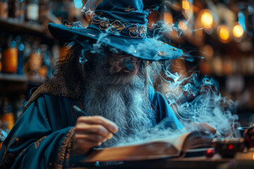 A scene depicting a wizard who crafts custom spells for clients, translating their needs into unique