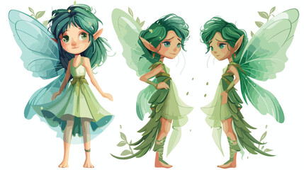 Cute cartoon fairy with green hair and blue wings. Gr