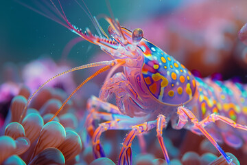 Colorful  Mantis Shrimp Over Coral Reef.