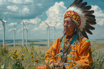 A scene of a shaman at a wind farm, performing a ritual to bless the turbines and ensure their harmo