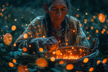 A scene of a shaman with a basket of glowing berries, each berry attracting a tiny light spirit, flu