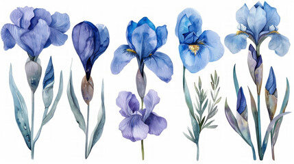Set di illustrazioni floreali ad acquerello - collezione di rami di iris e anemoni, per la cancelleria di nozze, auguri, sfondi, moda, sfondo bianco scontornabile