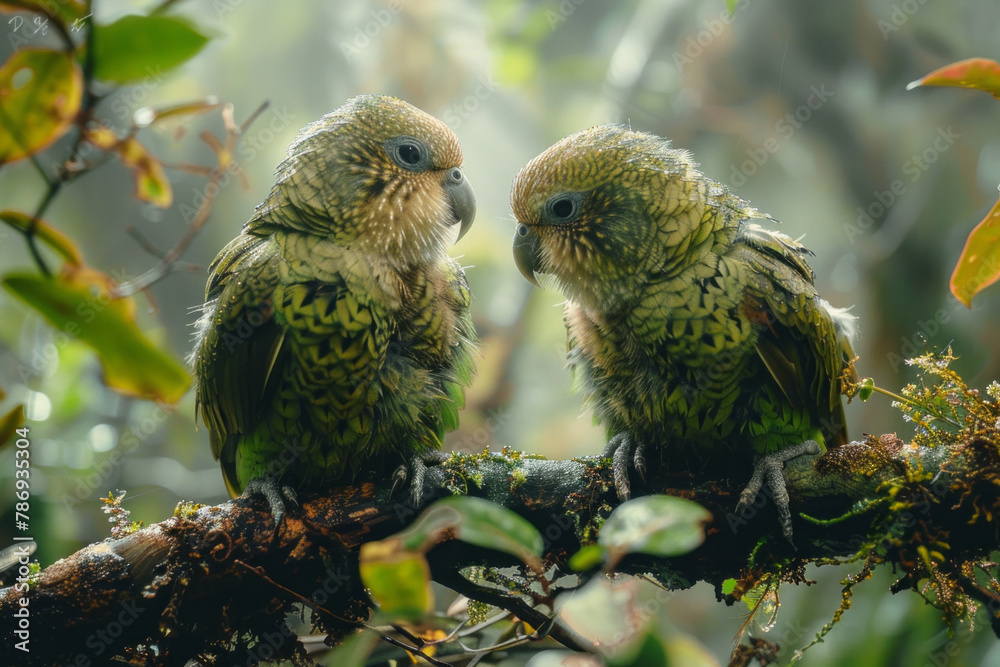 Poster a scene showing the delicate interaction between two kakapo parrots in new zealand, their playful be