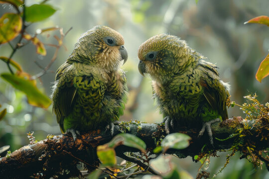 A scene showing the delicate interaction between two Kakapo parrots in New Zealand, their playful be