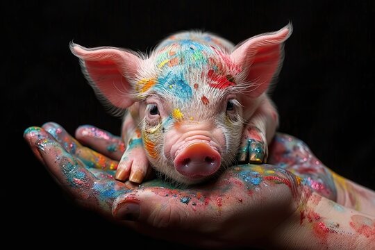 A miniature pig on a human hand with colorful paint on dark background, Generative AI